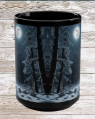 Snow Moon Winter Trail 15oz Black Mug — Holiday Coffee & Tea Ceramic Cup