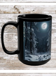Snow Moon Winter Trail 15oz Black Mug — Holiday Coffee & Tea Ceramic Cup