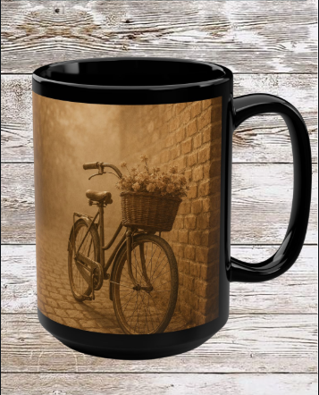 Bike with a Basket Ceramic Mug — 15oz Black Coffee & Tea Cup