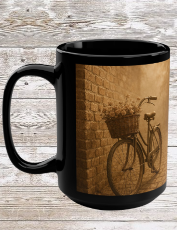 Bike with a Basket Ceramic Mug — 15oz Black Coffee & Tea Cup