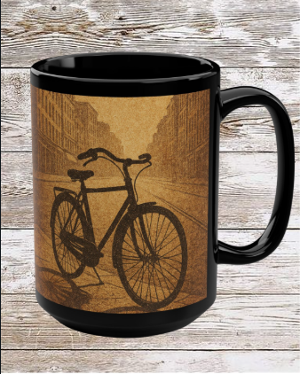 Vintage Bike 15oz Black Ceramic Mug — Retro Bicycle Coffee & Tea Cup