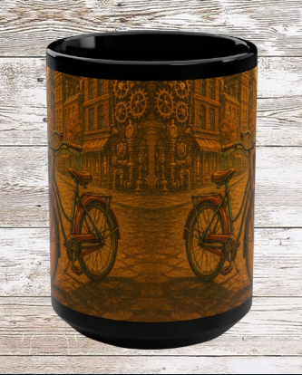 Steampunk Bicycle 15oz Black Ceramic Mug — Retro Bike Coffee & Tea Cup
