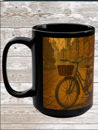 Steampunk Bicycle 15oz Black Ceramic Mug — Retro Bike Coffee & Tea Cup