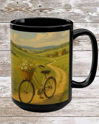 Countryside Bicycle 15oz Black Ceramic Mug — Retro Bike Coffee & Tea Cup