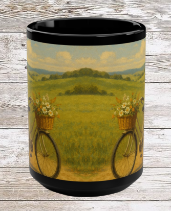 Countryside Bicycle 15oz Black Ceramic Mug — Retro Bike Coffee & Tea Cup