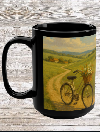 Countryside Bicycle 15oz Black Ceramic Mug — Retro Bike Coffee & Tea Cup