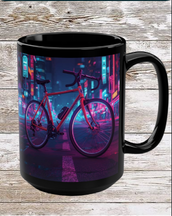 Neon Bicycle 15oz Black Ceramic Mug — Vibrant Cycling Coffee & Tea Cup