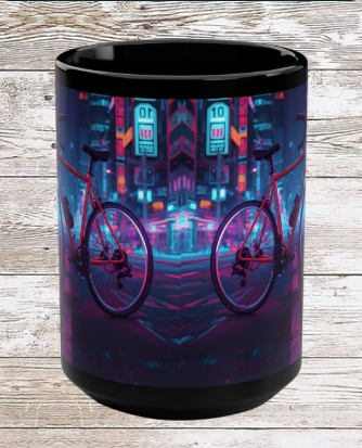 Neon Bicycle 15oz Black Ceramic Mug — Vibrant Cycling Coffee & Tea Cup