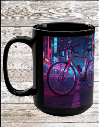 Neon Bicycle 15oz Black Ceramic Mug — Vibrant Cycling Coffee & Tea Cup