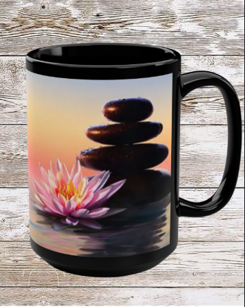 Lotus Flower Zen 15oz Black Mug — Calming Meditation Coffee Cup