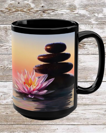 Lotus Flower Zen 15oz Black Mug — Calming Meditation Coffee Cup