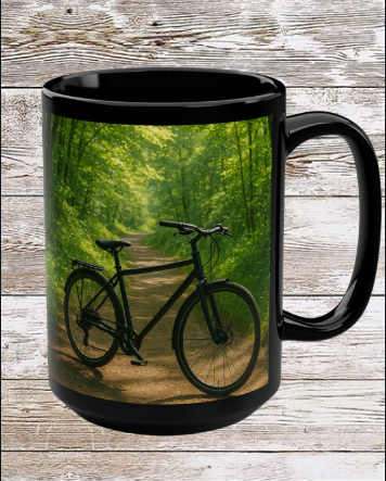 Bike in the Woods 15oz Black Ceramic Mug — Coffee & Tea Cup