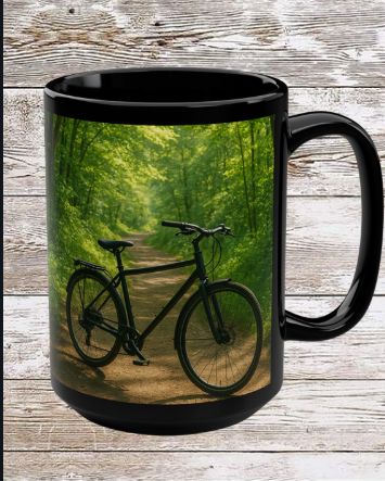 Bike in the Woods 15oz Black Ceramic Mug — Coffee & Tea Cup