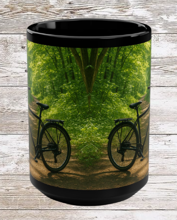 Bike in the Woods 15oz Black Ceramic Mug — Coffee & Tea Cup