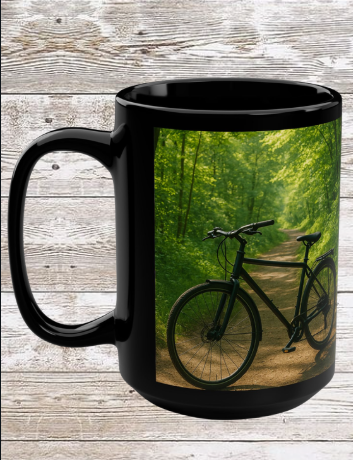Bike in the Woods 15oz Black Ceramic Mug — Coffee & Tea Cup