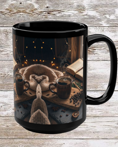 Coffee & Beans 15oz Black Mug