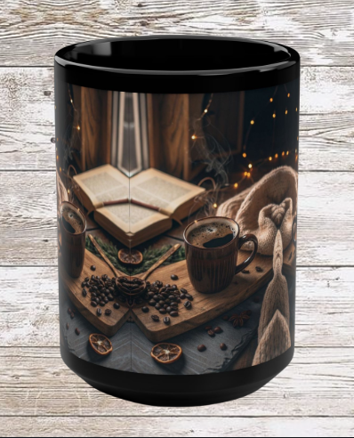 Coffee & Beans 15oz Black Mug