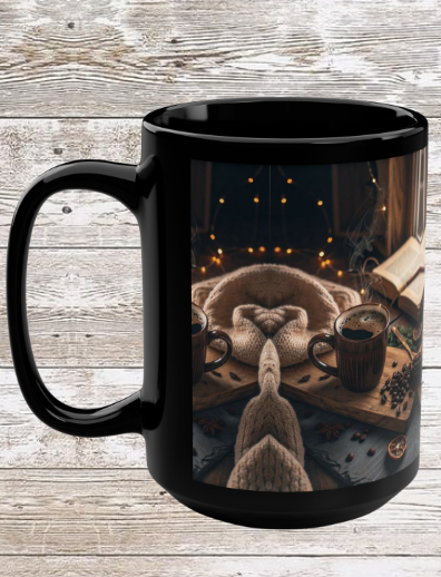 Coffee & Beans 15oz Black Mug