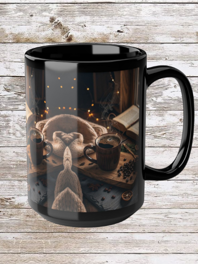 Coffee & Beans 15oz Black Mug