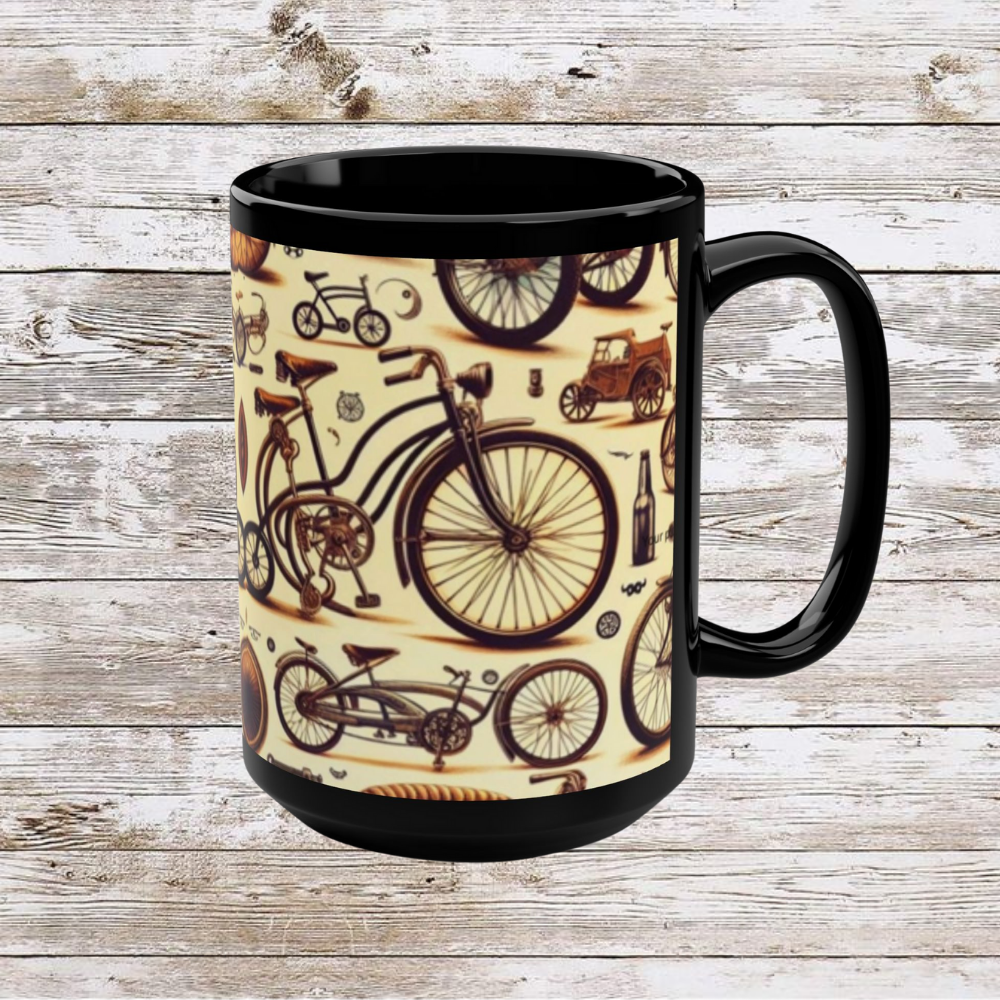 Vintage Biking Theme Black Mug - Coffee Cup, Tea Cup, Ceramic Cup, Unique Holiday Gift, 15oz Mug