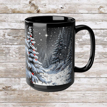 Winter Christmas Tree Black Mug - Coffee Cup, Tea Cup, Unique Holiday Gift, Ceramic Cup, 15oz Mug