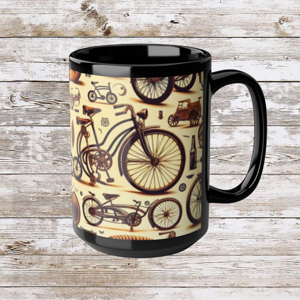Vintage Biking Theme Black Mug - Coffee Cup, Tea Cup, Ceramic Cup, Unique Holiday Gift, 15oz Mug