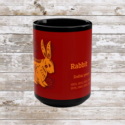 Chinese Zodiac Rabbit Mug, Reflection Gratitude Growth Black 15oz Cup, Astrology Gift, Lunar New Year Mug, Zodiac Animal Mug, Coffee Cup