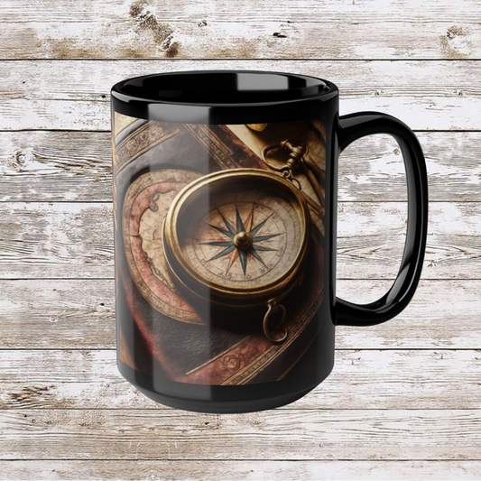Compass and Book Black Mug, Thanksgiving Ceramic Cup, Cozy Home Gift, Seasonal Drinkware, Large Tea Mug, Black Coffee Cup