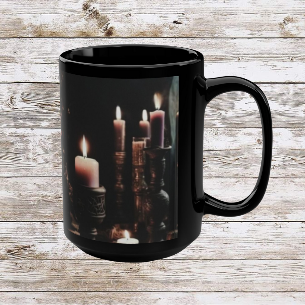 Dark Candles Coffee Mug, Ceramic Tea Cup, Hot Drinkware, Unique Gift Idea, Kitchen Decor - Black Mug, 15oz