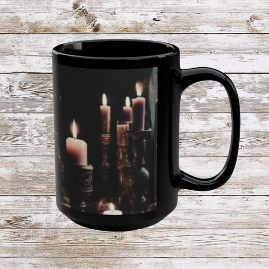 Dark Candles Coffee Mug, Ceramic Tea Cup, Hot Drinkware, Unique Gift Idea, Kitchen Decor - Black Mug, 15oz