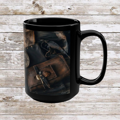 Compass and Pouch Black Mug, Thanksgiving Ceramic Cup, Cozy Home Gift, Seasonal Drinkware, Large Tea Mug, Black Coffee Cup
