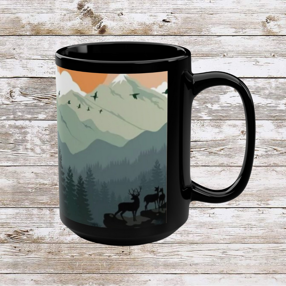Mountain Hiking Theme Black Mug - Coffee Cup, Tea Cup, Ceramic Cup, Unique Holiday Gift, 15oz Mug