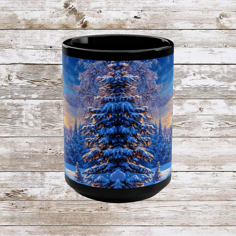 Winter Christmas Tree Black Mug - Coffee Cup, Tea Cup, Ceramic Cup, Unique Holiday Gift, 15oz Mug