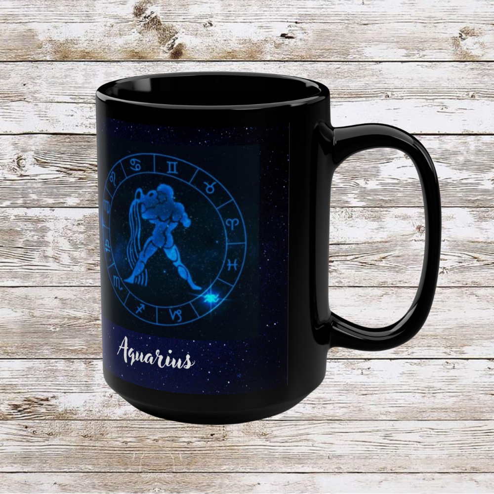 Aquarius Zodiac Mug, Astrology Gift Cup, Reflection Gratitude Lunar New Year Coffee Cup, Black Astro Gift, Zodiac Sign Mug, 15 oz