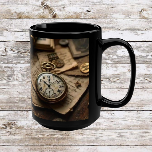 Clock and Papers Design, Thanksgiving Ceramic Cup, Cozy Home Gift, Seasonal Drinkware, Black Coffee Cup, Large Tea Mug