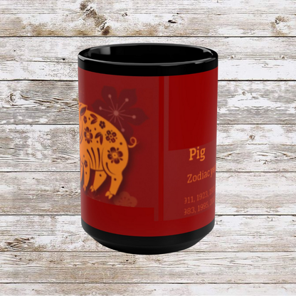Chinese Zodiac Pig Coffee Mug, Reflection Gratitude Growth Black 15oz Cup, Astrology Gift, Lunar New Year Mug, Zodiac Animal Mug