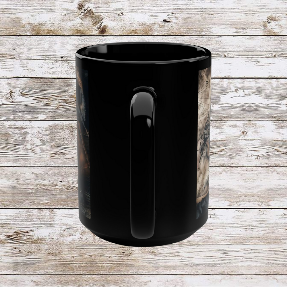 Compass and Pouch Black Mug, Thanksgiving Ceramic Cup, Cozy Home Gift, Seasonal Drinkware, Large Tea Mug, Black Coffee Cup