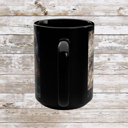Compass and Pouch Black Mug, Thanksgiving Ceramic Cup, Cozy Home Gift, Seasonal Drinkware, Large Tea Mug, Black Coffee Cup