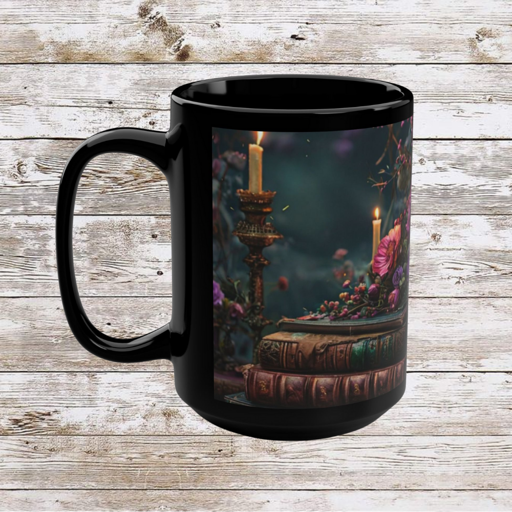 Coffee Mug - Candle and Books 15oz Ceramic Drinkware - Coffee Lover Gift Idea