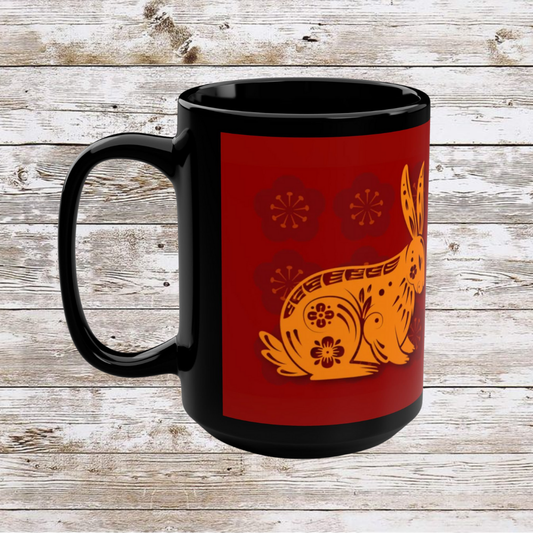 Chinese Zodiac Rabbit Mug, Reflection Gratitude Growth Black 15oz Cup, Astrology Gift, Lunar New Year Mug, Zodiac Animal Mug, Coffee Cup