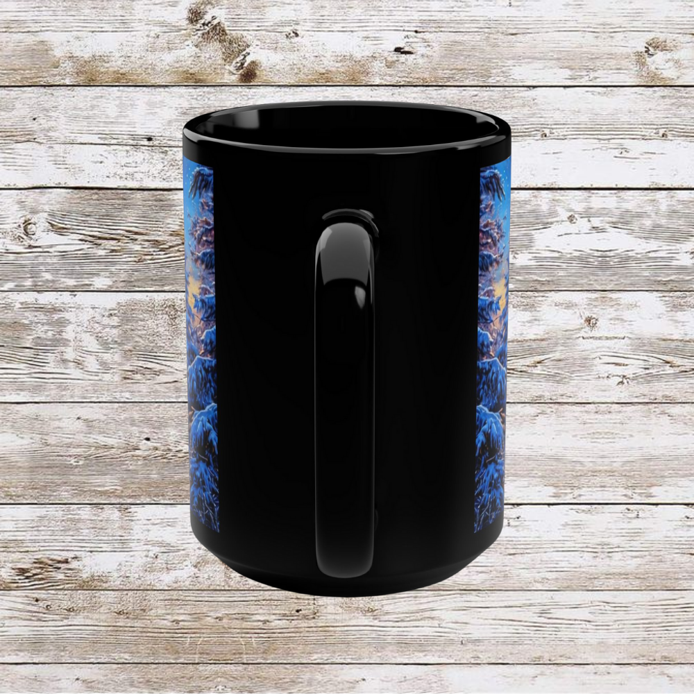 Winter Christmas Tree Black Mug - Coffee Cup, Tea Cup, Ceramic Cup, Unique Holiday Gift, 15oz Mug
