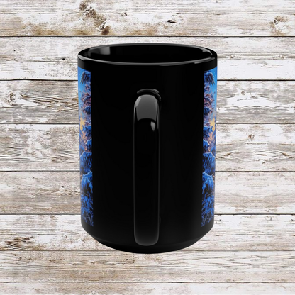 Winter Christmas Tree Black Mug - Coffee Cup, Tea Cup, Ceramic Cup, Unique Holiday Gift, 15oz Mug