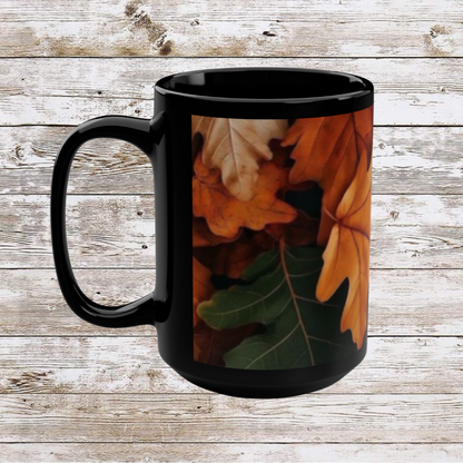 Fall Leaves Black Mug | 15oz Seasonal Coffee Cup, Fall Decor, Cozy Home Gift for Friends and Family, Thanksgiving Ceramic Mug