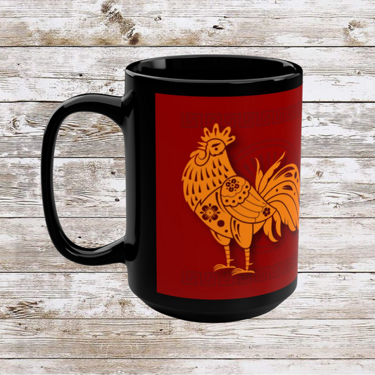 Chinese Zodiac Rooster Coffee Mug, Reflection Gratitude Growth, Black Coffee Cup, 15oz Mug, Astrology Gift