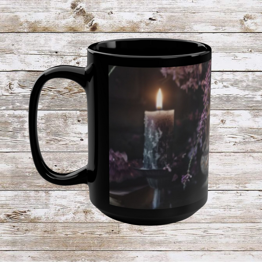 Candle and Stones Unique Tea Cup, Coffee Lover Mug, Hot Drink Gift Idea Black Mug, 15oz