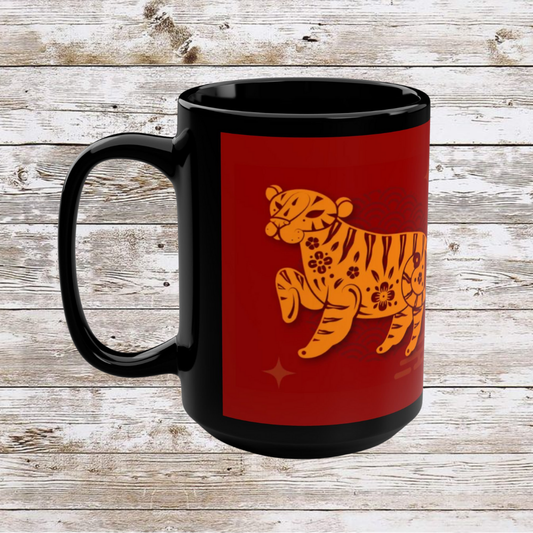 Chinese Zodiac Tiger Coffee Mug, Reflection Gratitude Growth Black 15oz Cup, Astrology Gift, Lunar New Year Mug, Zodiac Animal Mug