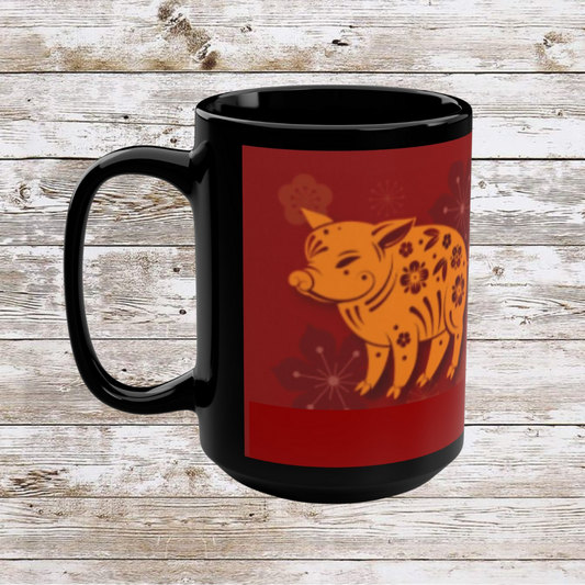 Chinese Zodiac Pig Coffee Mug, Reflection Gratitude Growth Black 15oz Cup, Astrology Gift, Lunar New Year Mug, Zodiac Animal Mug