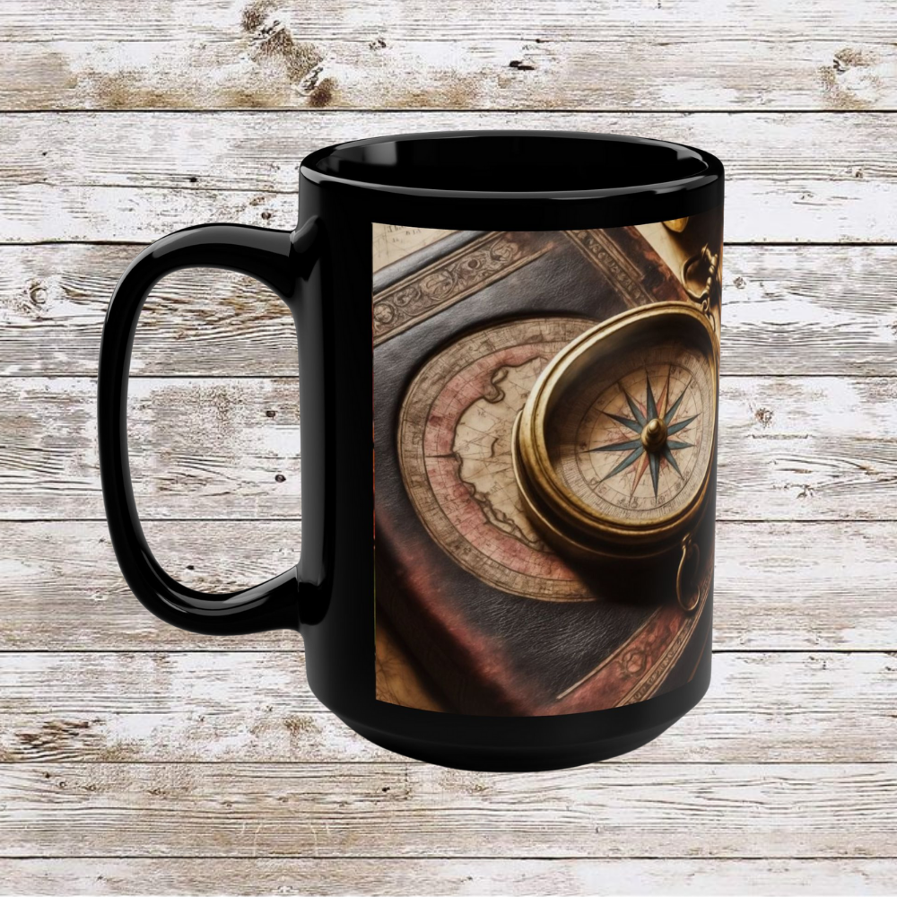 Compass and Book Black Mug, Thanksgiving Ceramic Cup, Cozy Home Gift, Seasonal Drinkware, Large Tea Mug, Black Coffee Cup