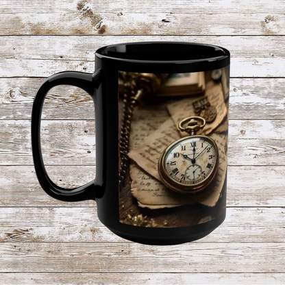 Clock and Papers Design, Thanksgiving Ceramic Cup, Cozy Home Gift, Seasonal Drinkware, Black Coffee Cup, Large Tea Mug