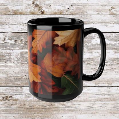 Fall Leaves Black Mug | 15oz Seasonal Coffee Cup, Fall Decor, Cozy Home Gift for Friends and Family, Thanksgiving Ceramic Mug